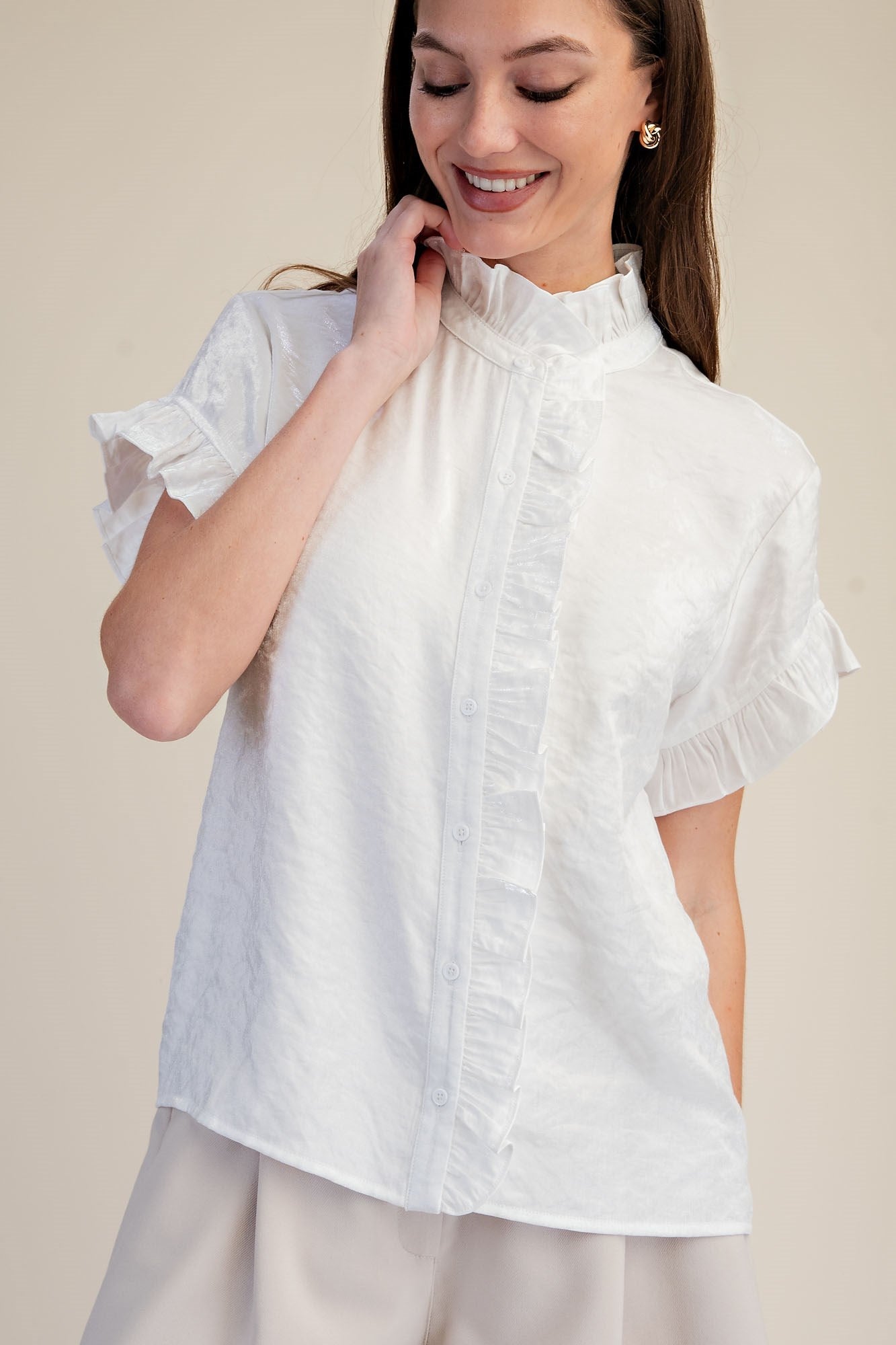 DAPHNE RUFFLE-TRIM BUTTON-DOWN BLOUSE- WHITE - Gopher Lane Boutique & Gifts