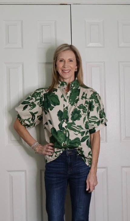 ELOISE EMERALD BOTANICAL PUFF SLEEVE BLOUSE - Gopher Lane Boutique & Gifts