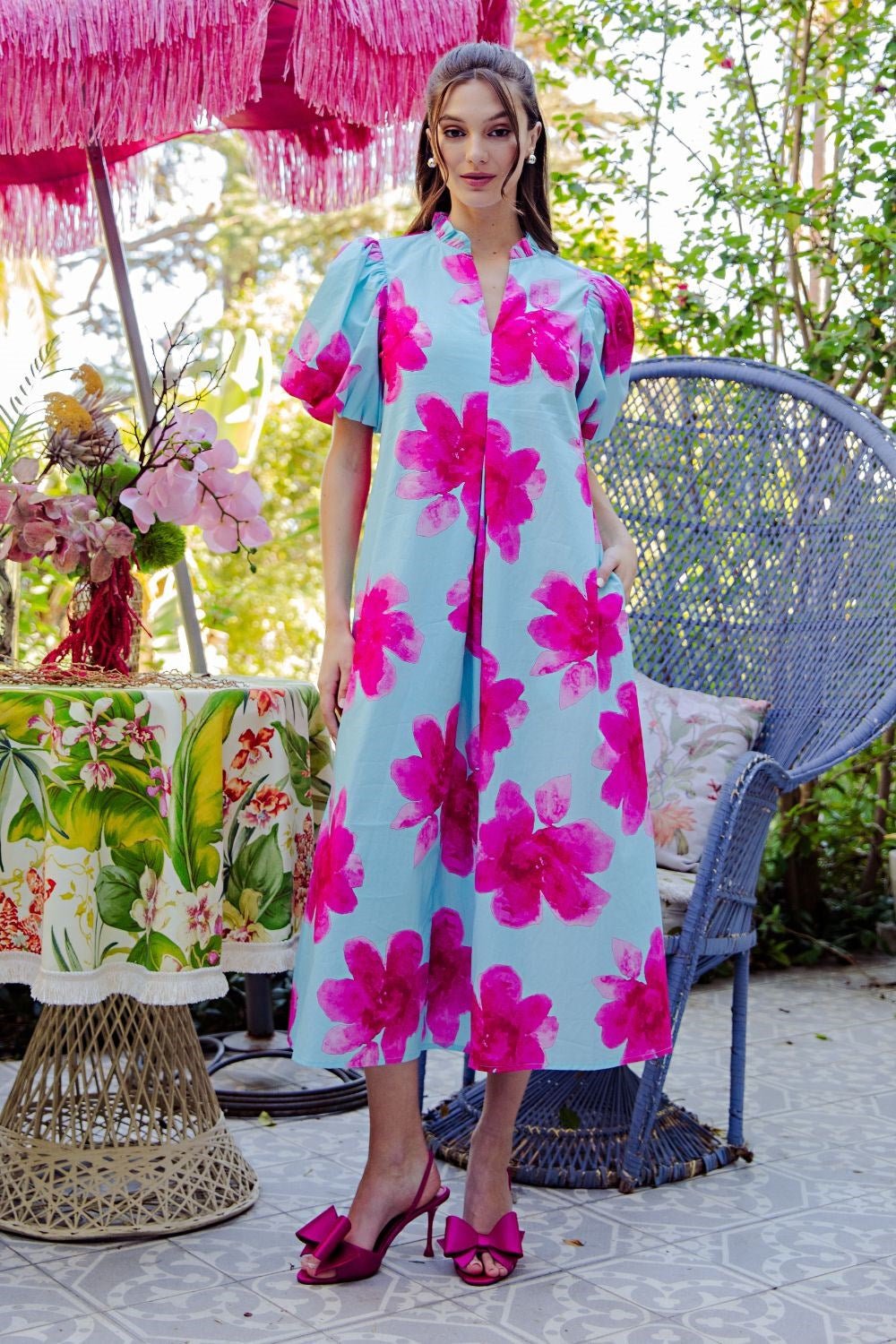 FLORA RUFFLE V-NECK MIDI DRESS - Gopher Lane Boutique & Gifts