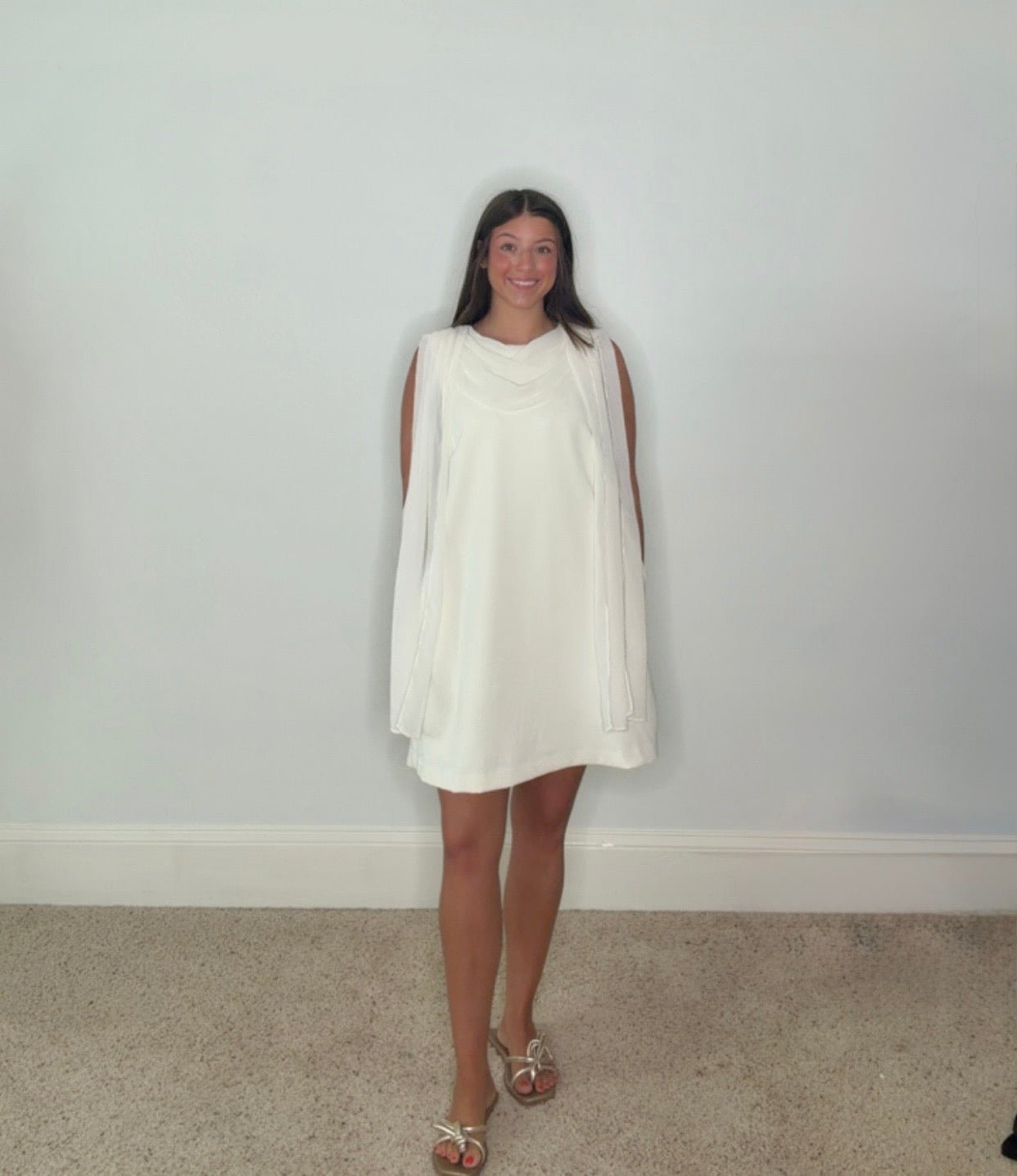 GENEVIEVE IVORY SCARF-NECK MINI DRESS - Gopher Lane Boutique & Gifts
