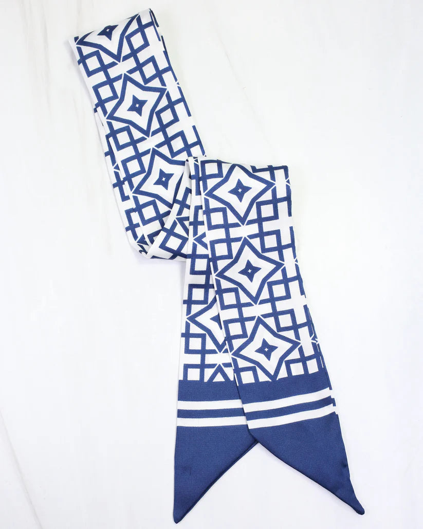 LANGSTON GEOMETRIC SKINNY SCARF- NAVY WHITE