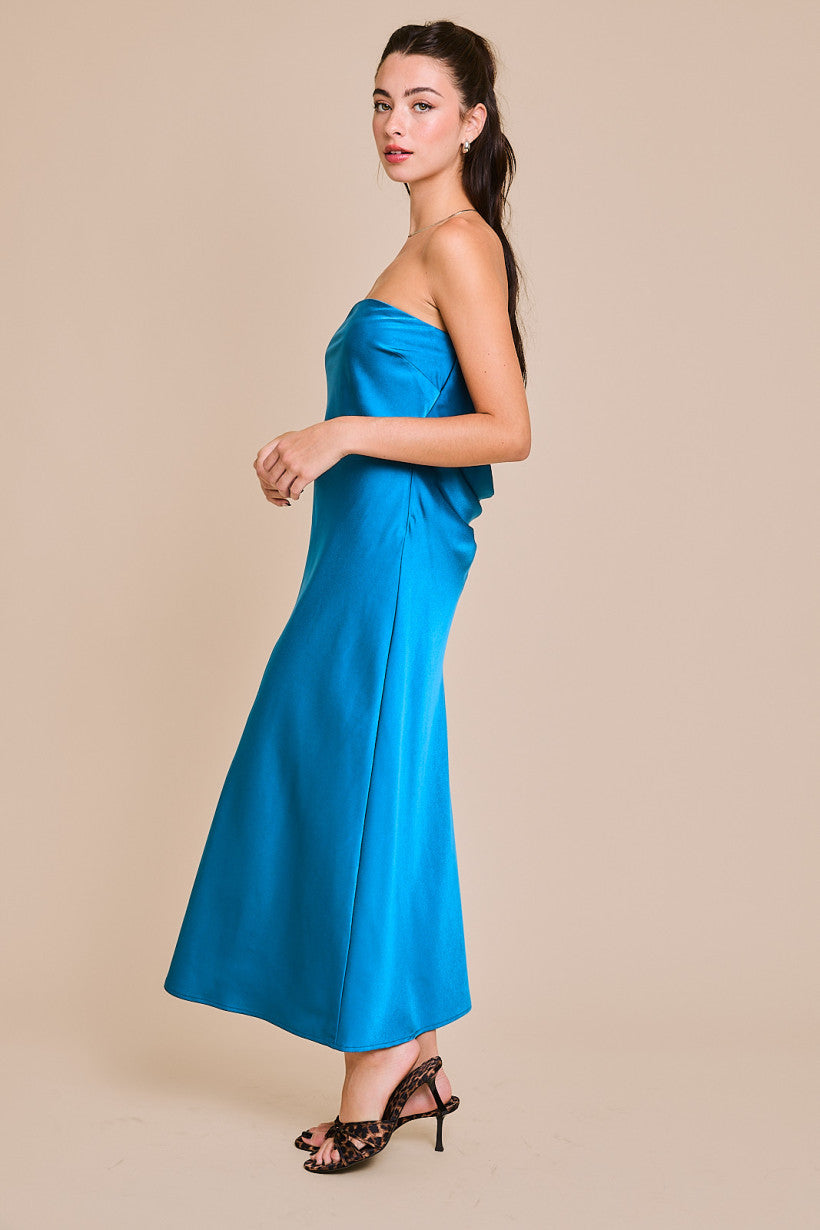 OFF SHOULDER COWL BACK MIDI DRESS