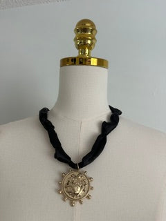 KNOTTED BLACK SCARF NECKLACE WITH BULLDOG PENDANT