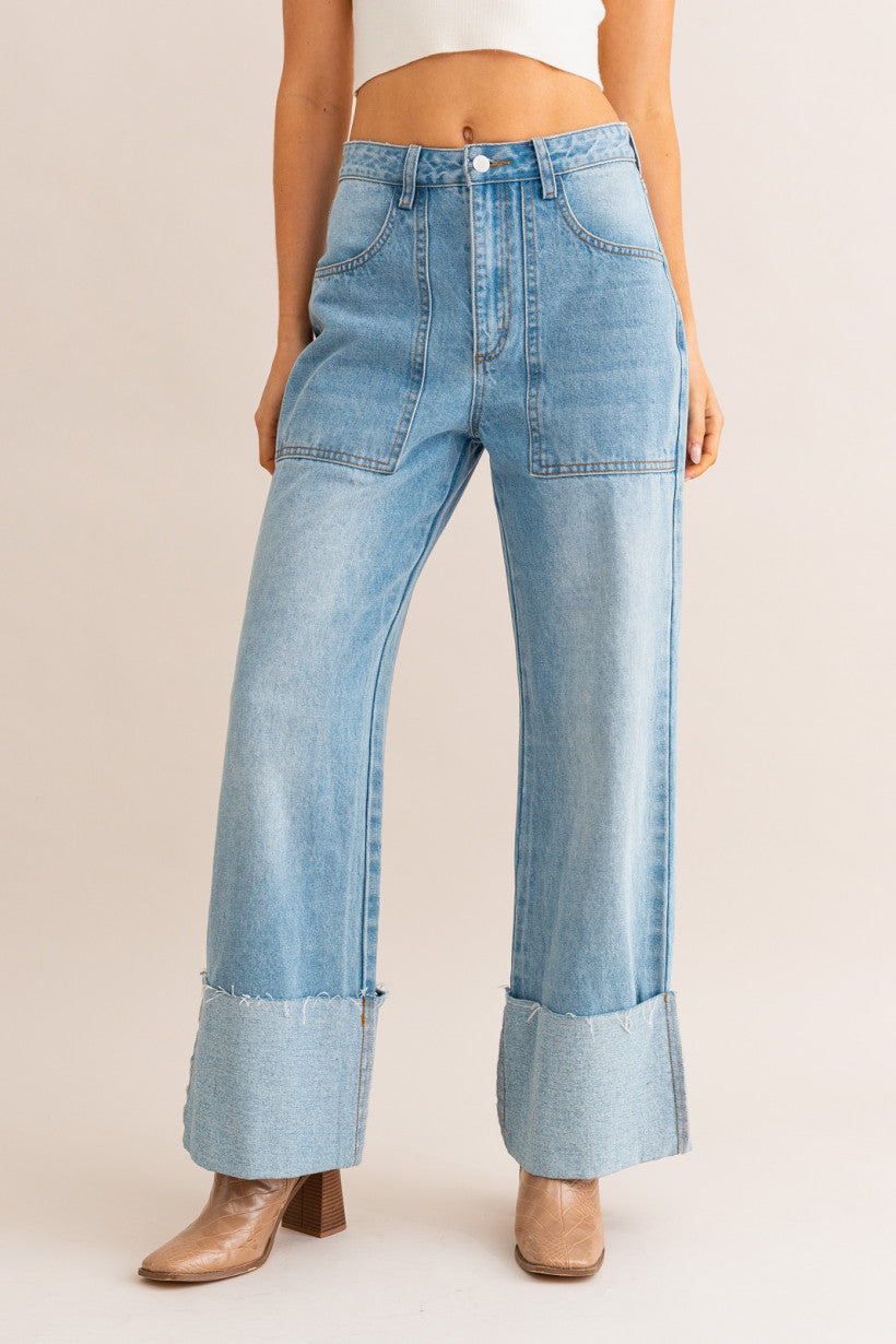 HIGH WAISTED WIDE LEGGED CUFFED JEANS