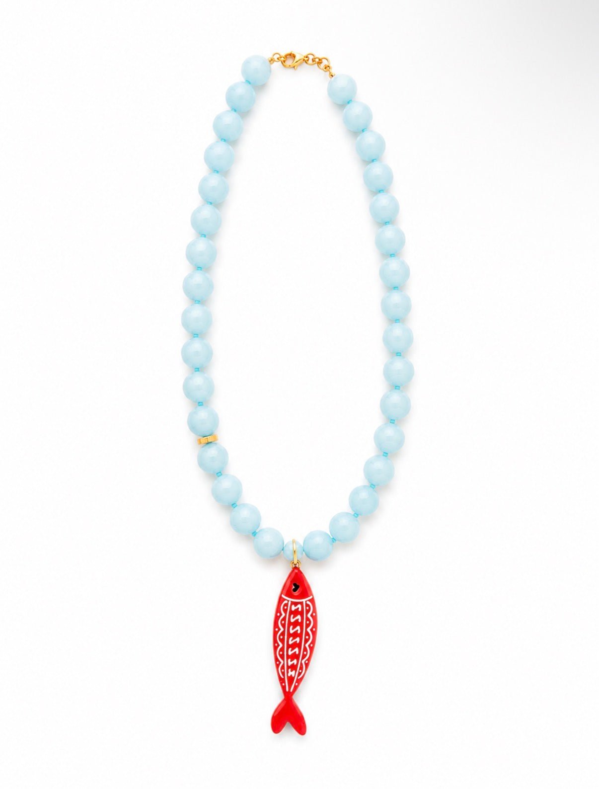 LIGHT BLUE BEADED RED FISH CHARM NECKLACE - Gopher Lane Boutique & Gifts