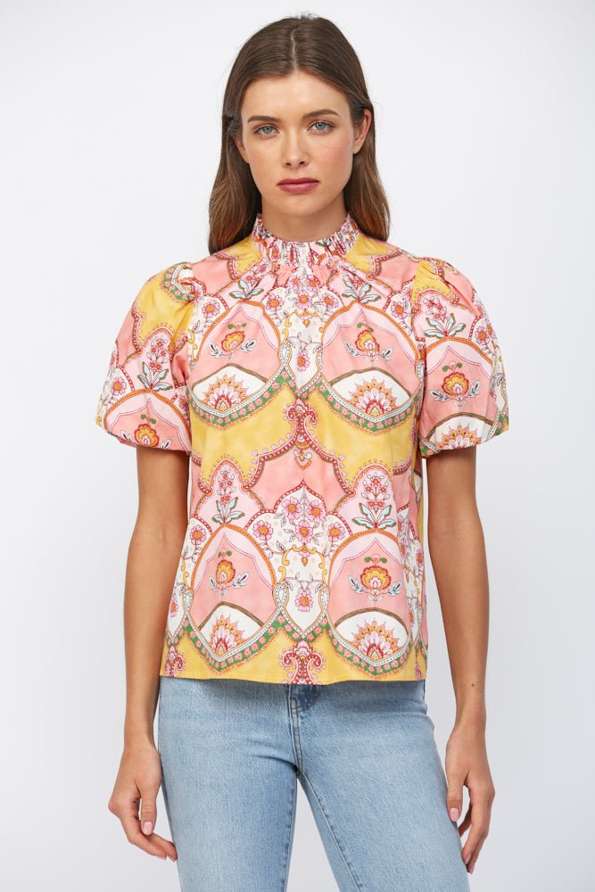 MAGNOLIA ORNAMENTAL FLORAL RUFFLE-NECK TOP - Gopher Lane Boutique & Gifts