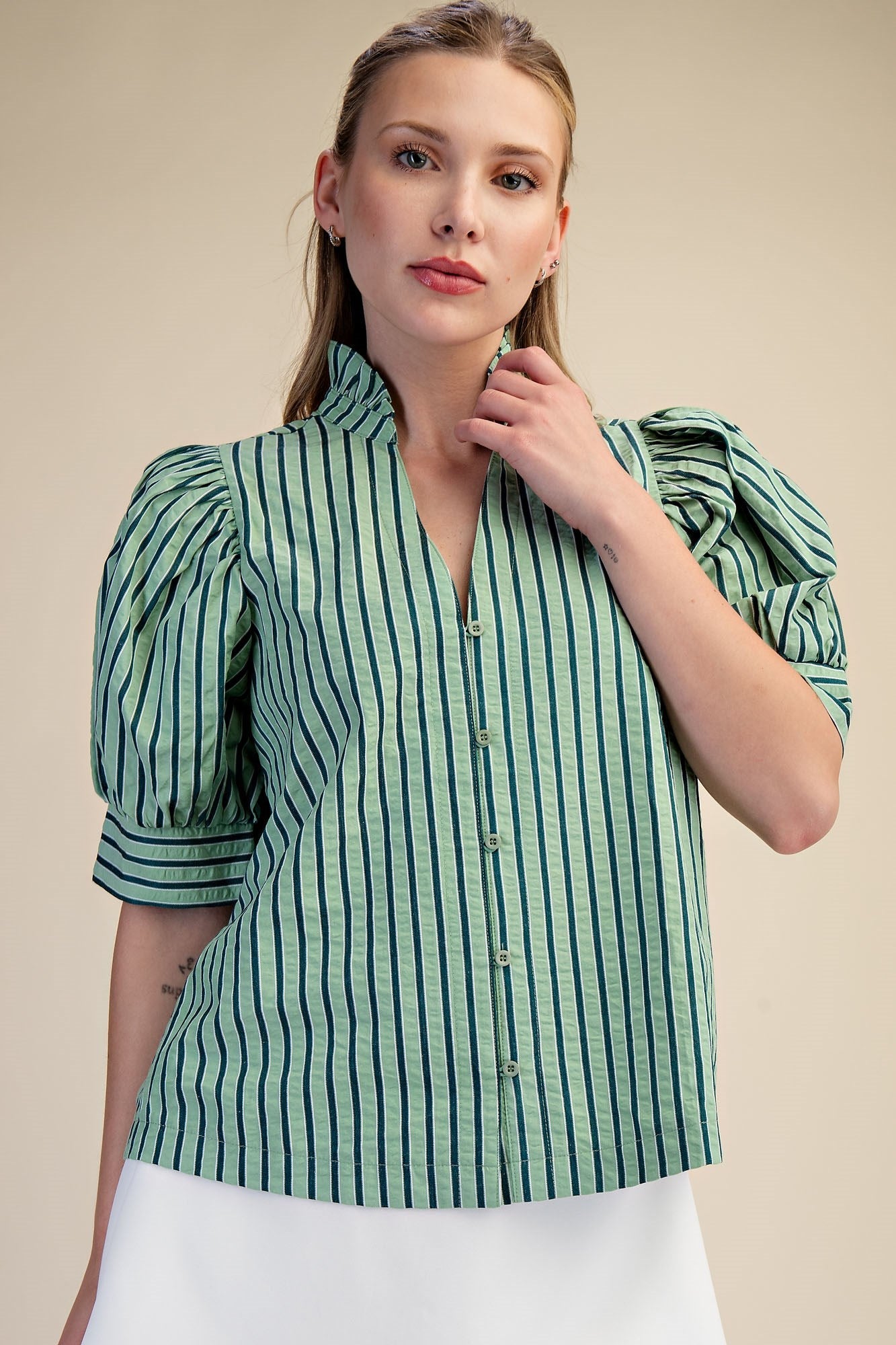 MAISEY STRIPED RUFFLE V-NECK BLOUSE - Gopher Lane Boutique & Gifts