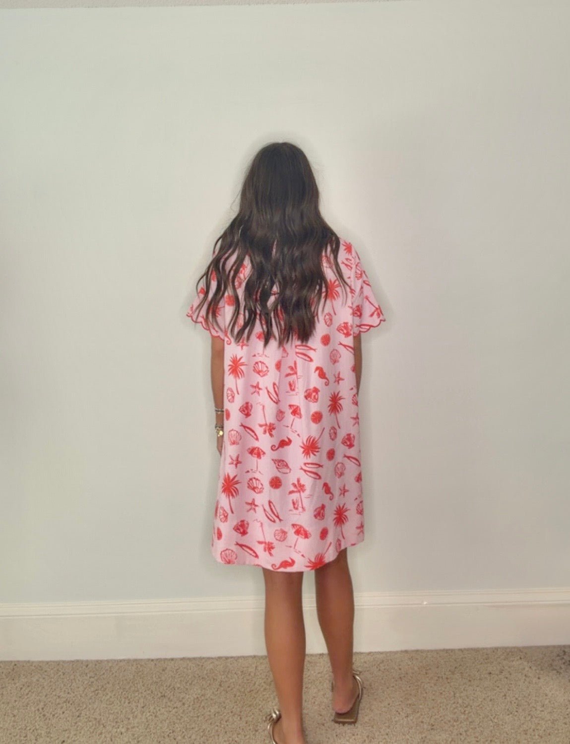 PINK PARADISE SCALLOPED TROPICAL SHIRT DRESS BY KARLIE - Gopher Lane Boutique & Gifts