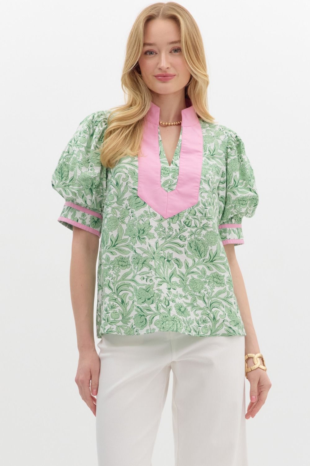 GREEN AND WHITE BOTANICAL PUFF SLEEVE TOP
