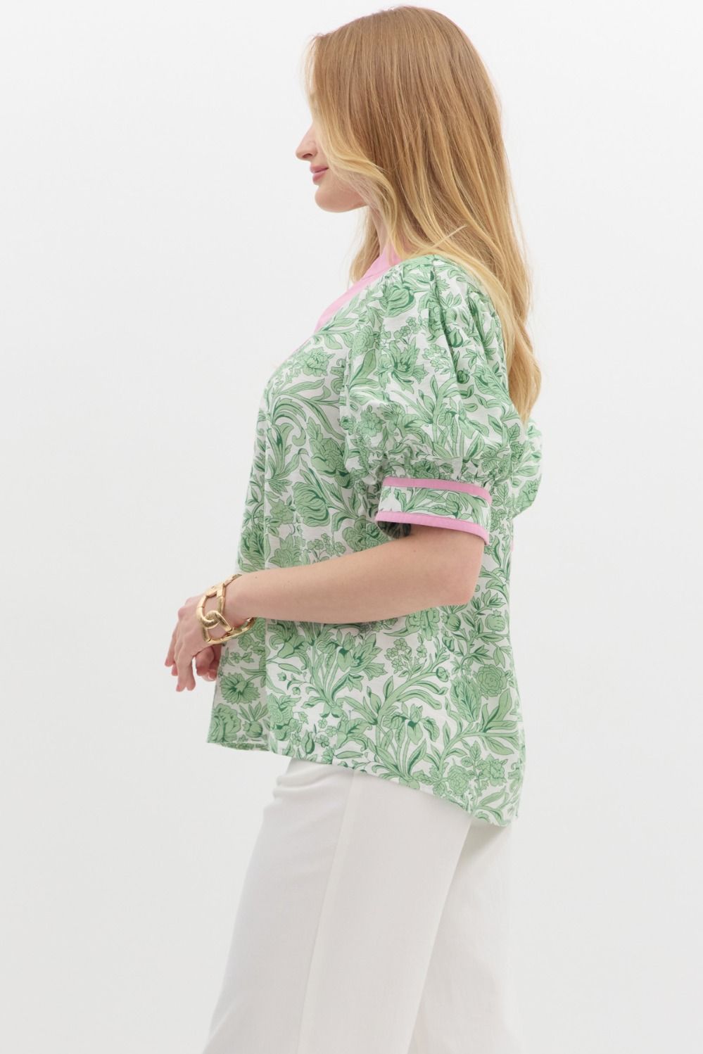 GREEN AND WHITE BOTANICAL PUFF SLEEVE TOP