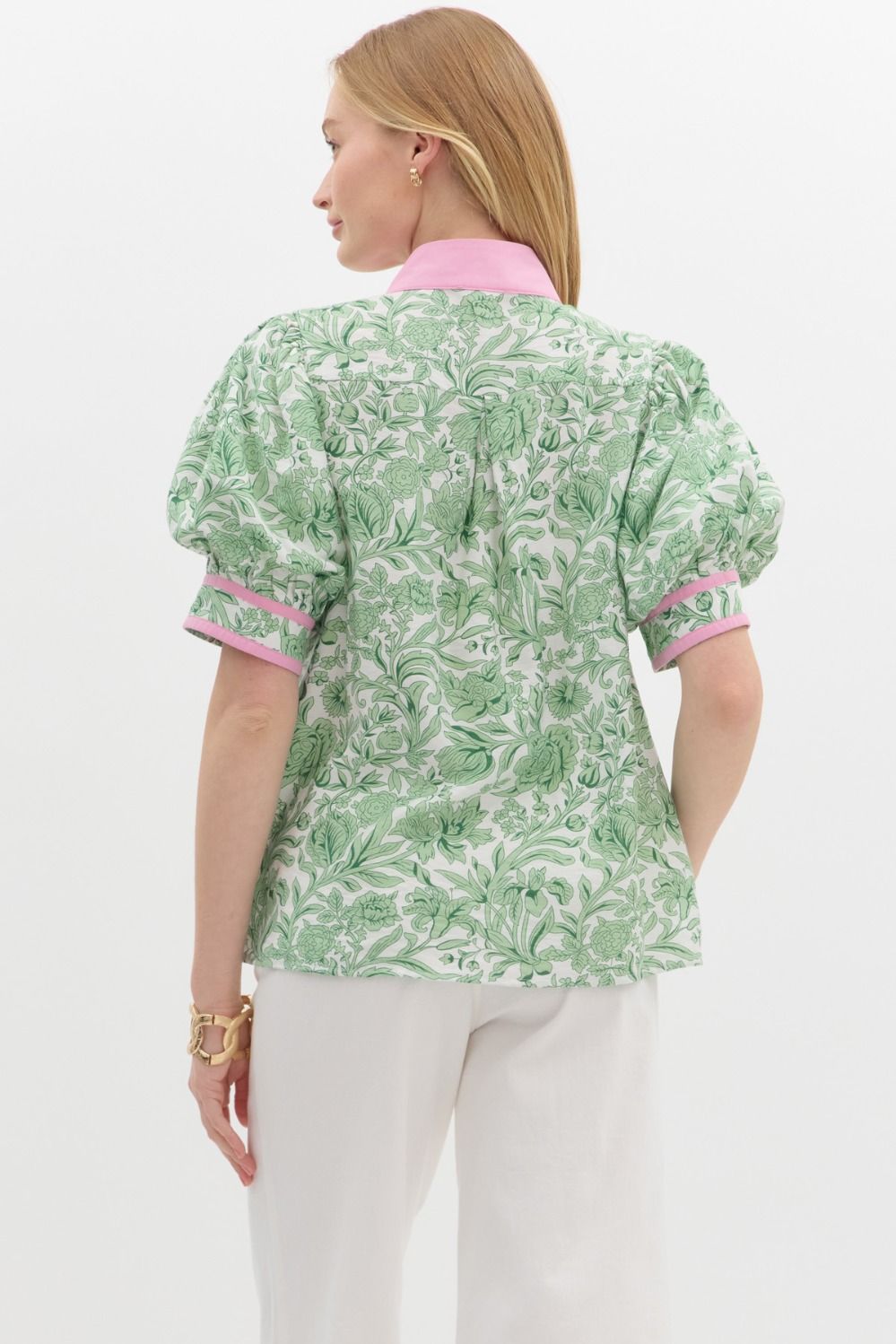 GREEN AND WHITE BOTANICAL PUFF SLEEVE TOP