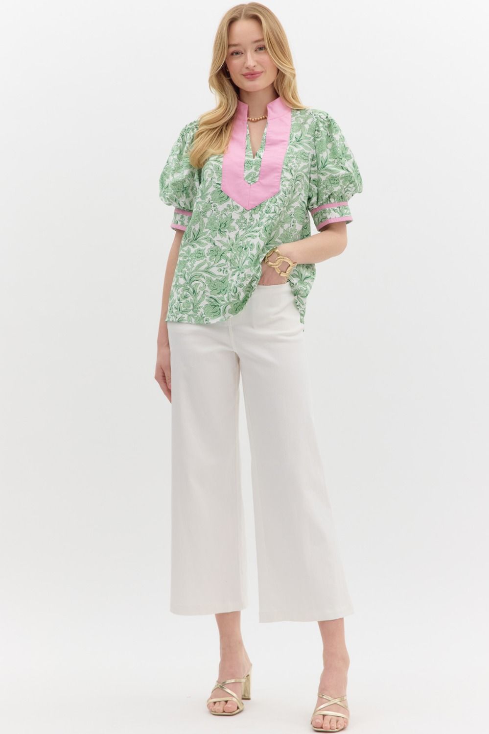 GREEN AND WHITE BOTANICAL PUFF SLEEVE TOP