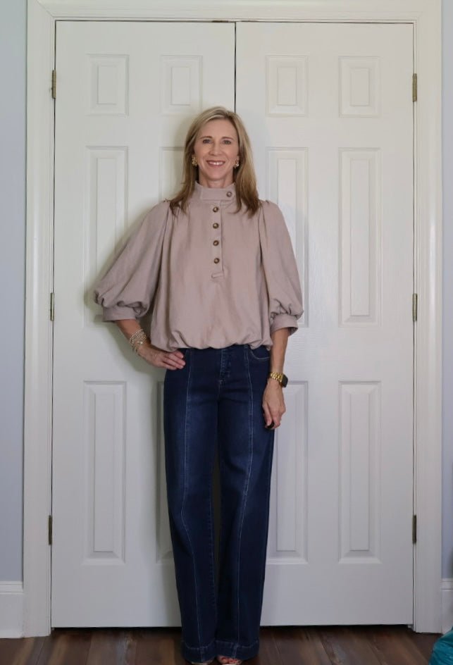 The Clara Button Up Puff Sleeve Blouse-Taupe - Gopher Lane Boutique & Gifts