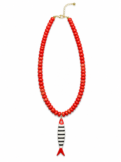 HART DESIGNS RED BEADED NECKLACE WITH FISH CHARM