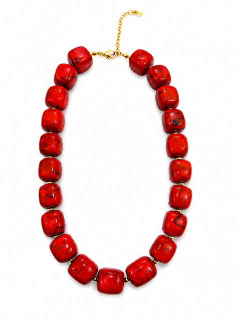 HART DESIGNS RED WITH BLACK ACCENTS SQUARED BEAD CHUNKY NECKLACE