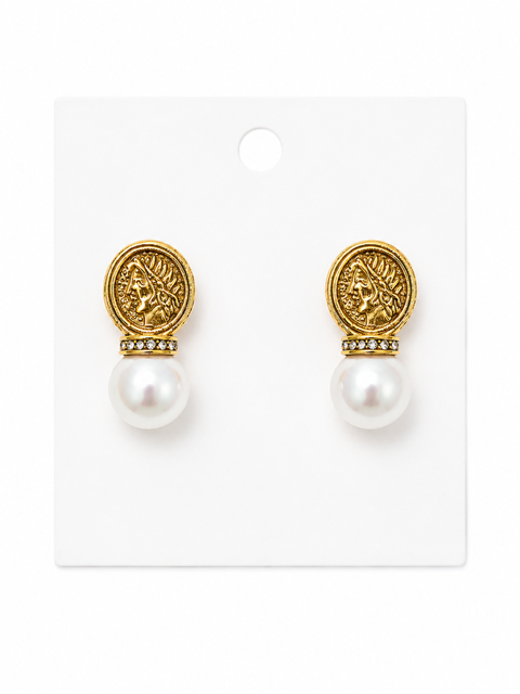 HART DESIGN VINTAGE COIN & PEARL STUD EARRINGS