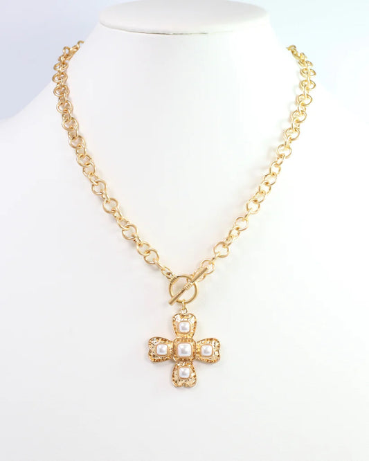 GOLD AND PEARL CROSS NECKLACE