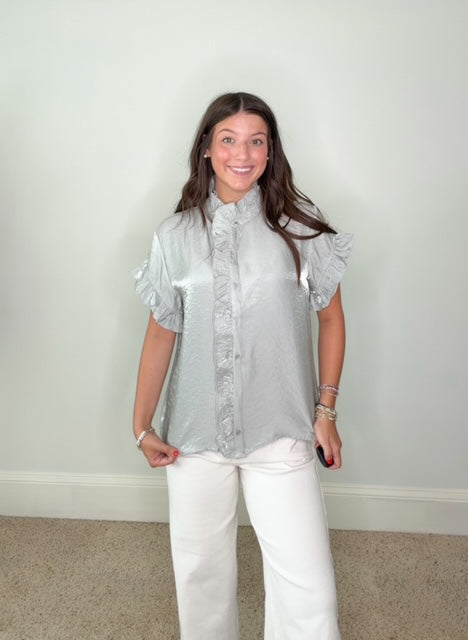 DAPHNE RUFFLE-TRIM BUTTON-DOWN BLOUSE- MINT