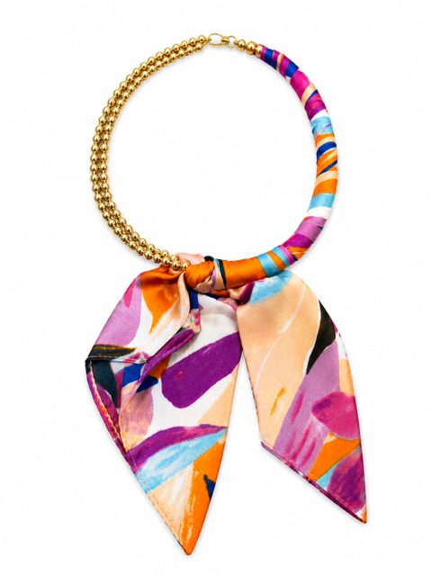 SCARF WRAPPED COLLAR NECKLACE- FUSCHIA MULTI/GOLD