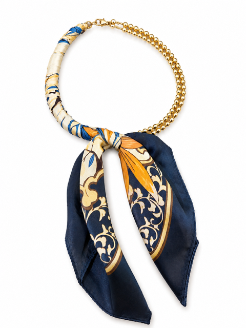 SCARF WRAPPED COLLAR NECKLACE- NAVY/GOLD