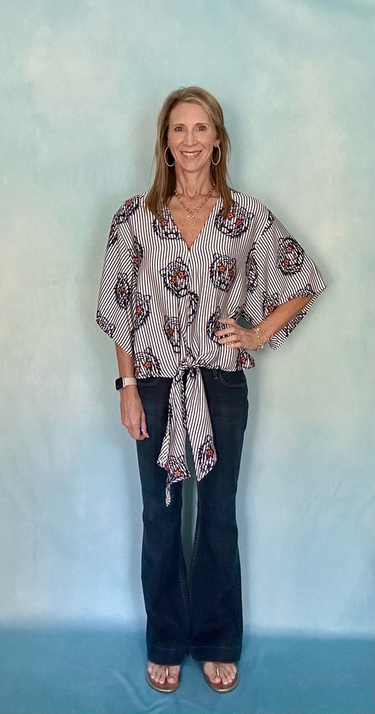 STRIPED STARGAZER FRONT TIE KIMONO SLEEVE TOP