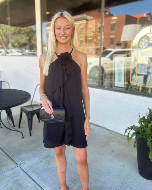 ROSETTE RUFFLED HALTER DRESS