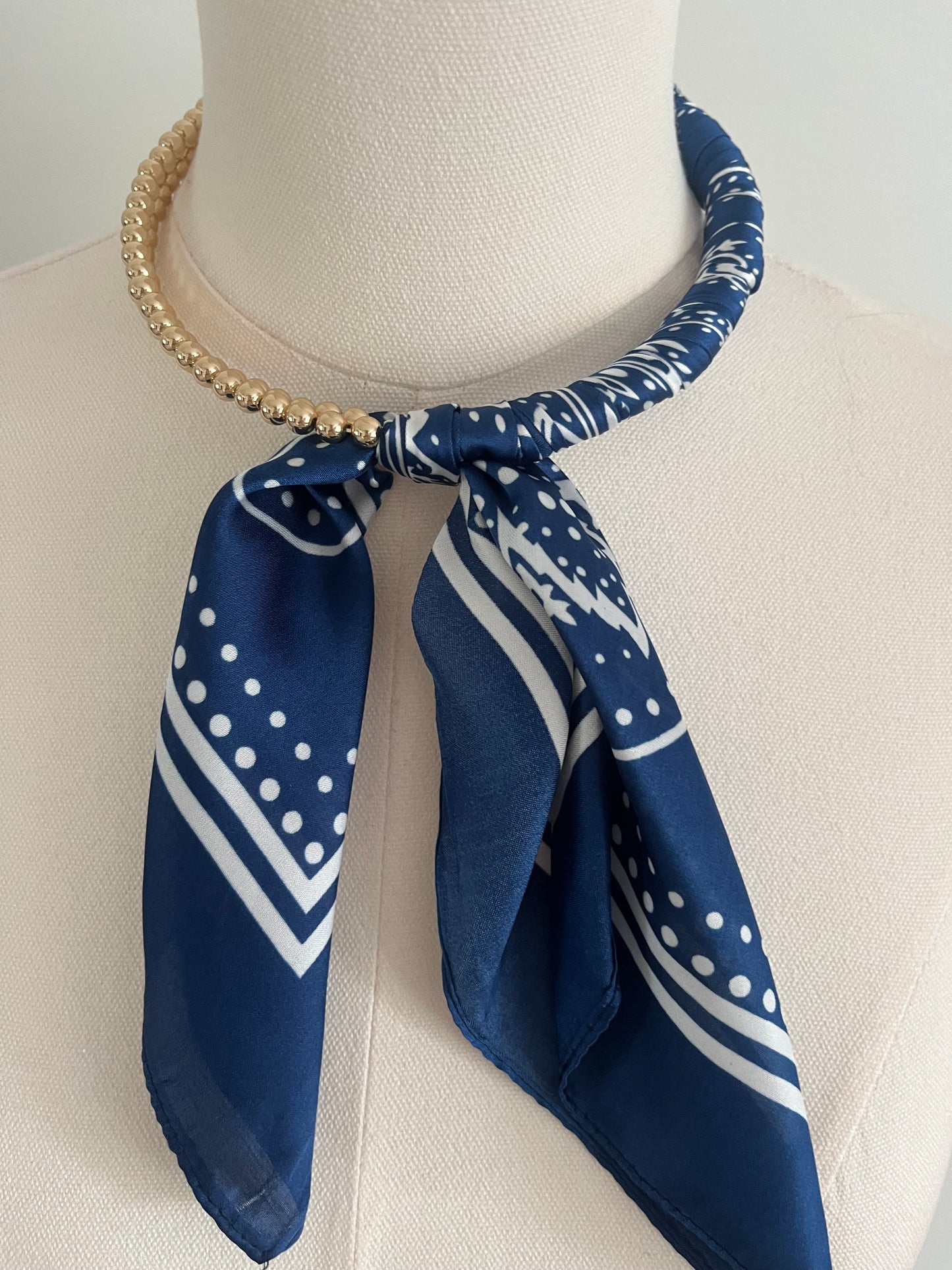 GOLD BEAD SCARF WRAPPED NECKLACE- BLUE/WHITE