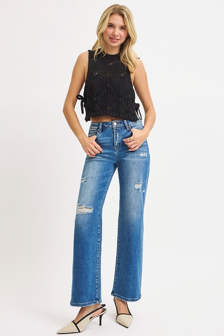 RISEN JEANS HIGH RISE ANKLE STRAIGHT WITH FRONT BODY DISTRESSED JEANS