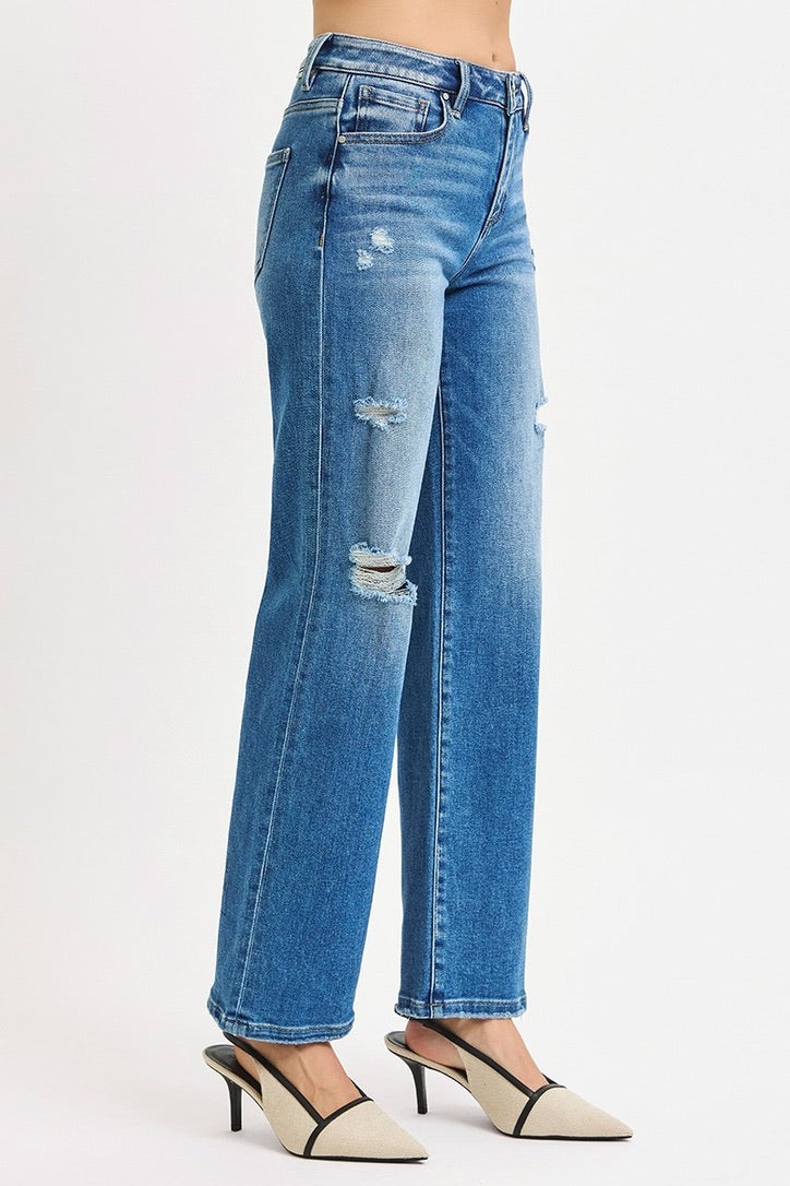 RISEN JEANS HIGH RISE ANKLE STRAIGHT WITH FRONT BODY DISTRESSED JEANS