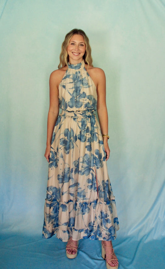 CERULEAN BLOOM HALTER MAXI DRESS