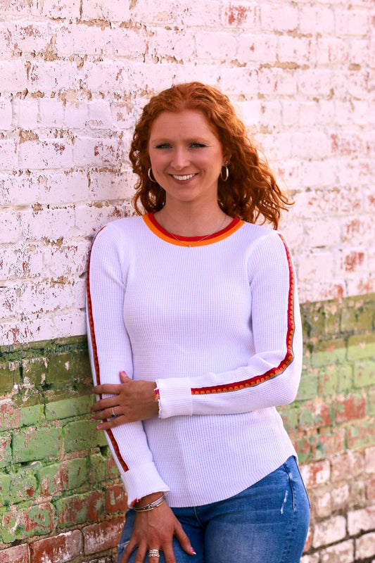 CROCHET TRIMMED WAFFLE KNIT TOP