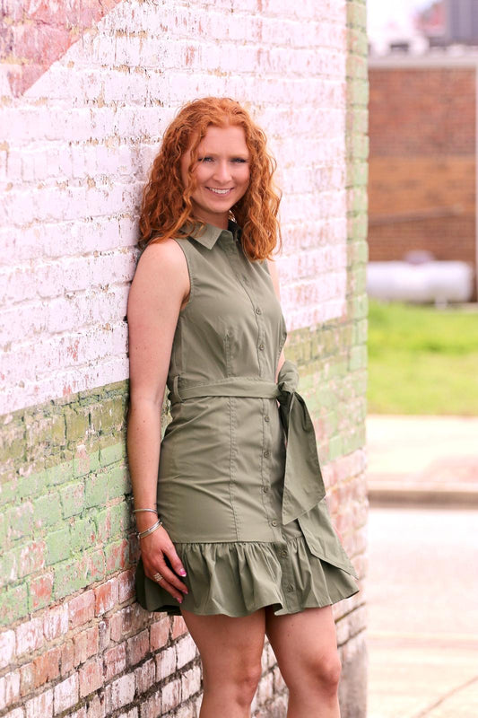 OLIVE GREEN WAIST TIE BUTTON DOWN DRESS WITH RUFFLE HEM