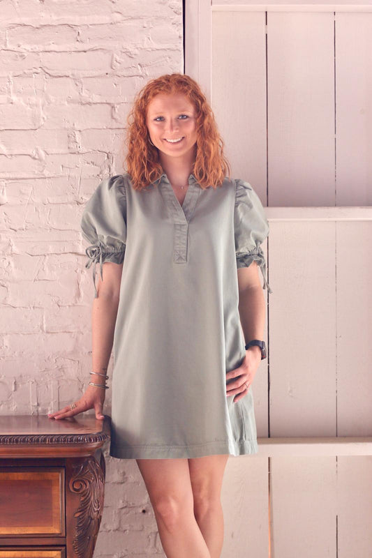 SEAFOAM PUFF SLEEVE SHIFT DRESS