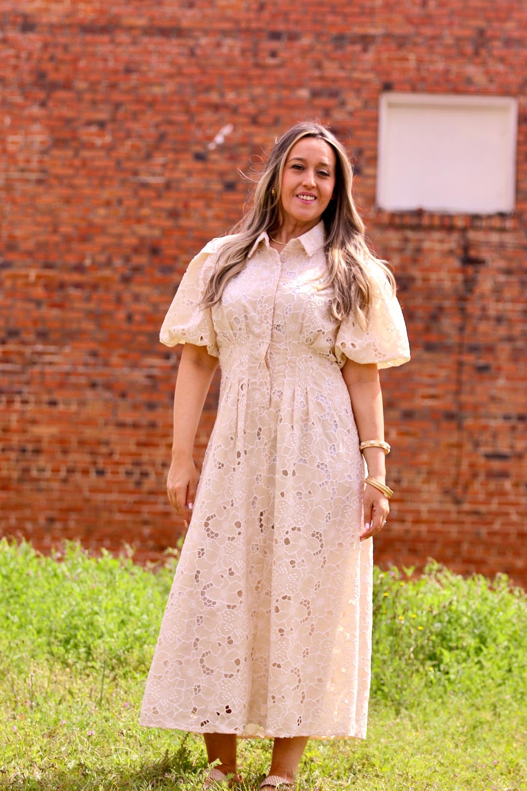 FLORAL EYELET MIDI DRESS