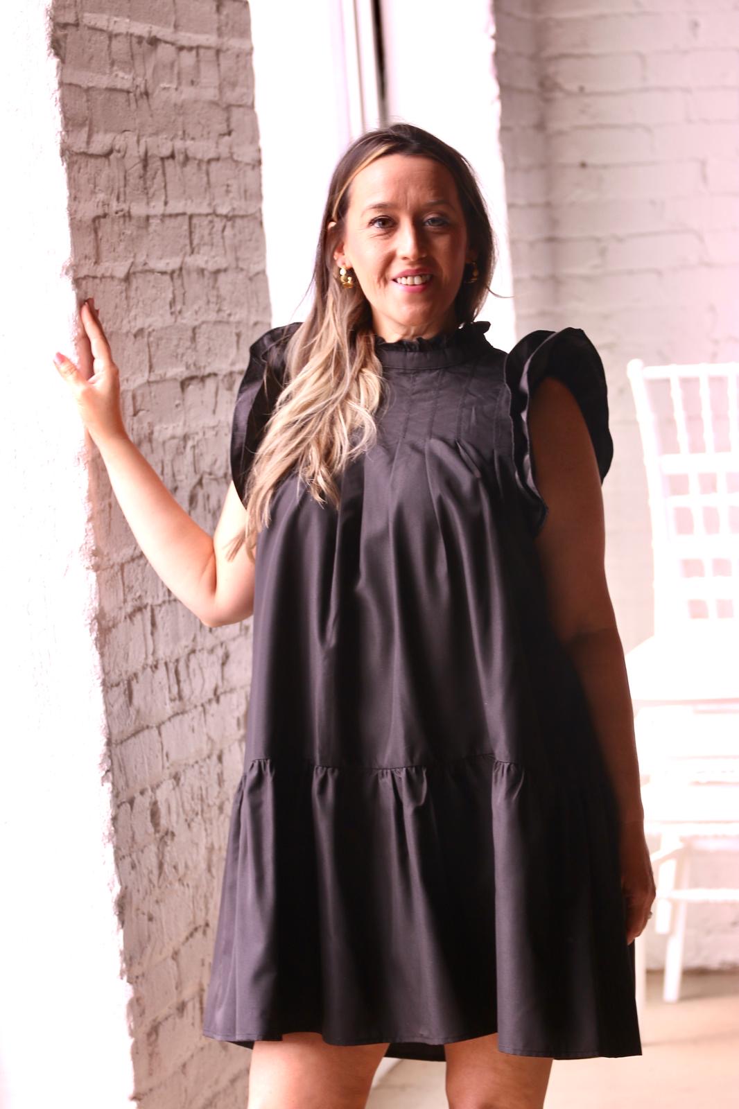 RUFFLE SLEEVE BLACK DRESS