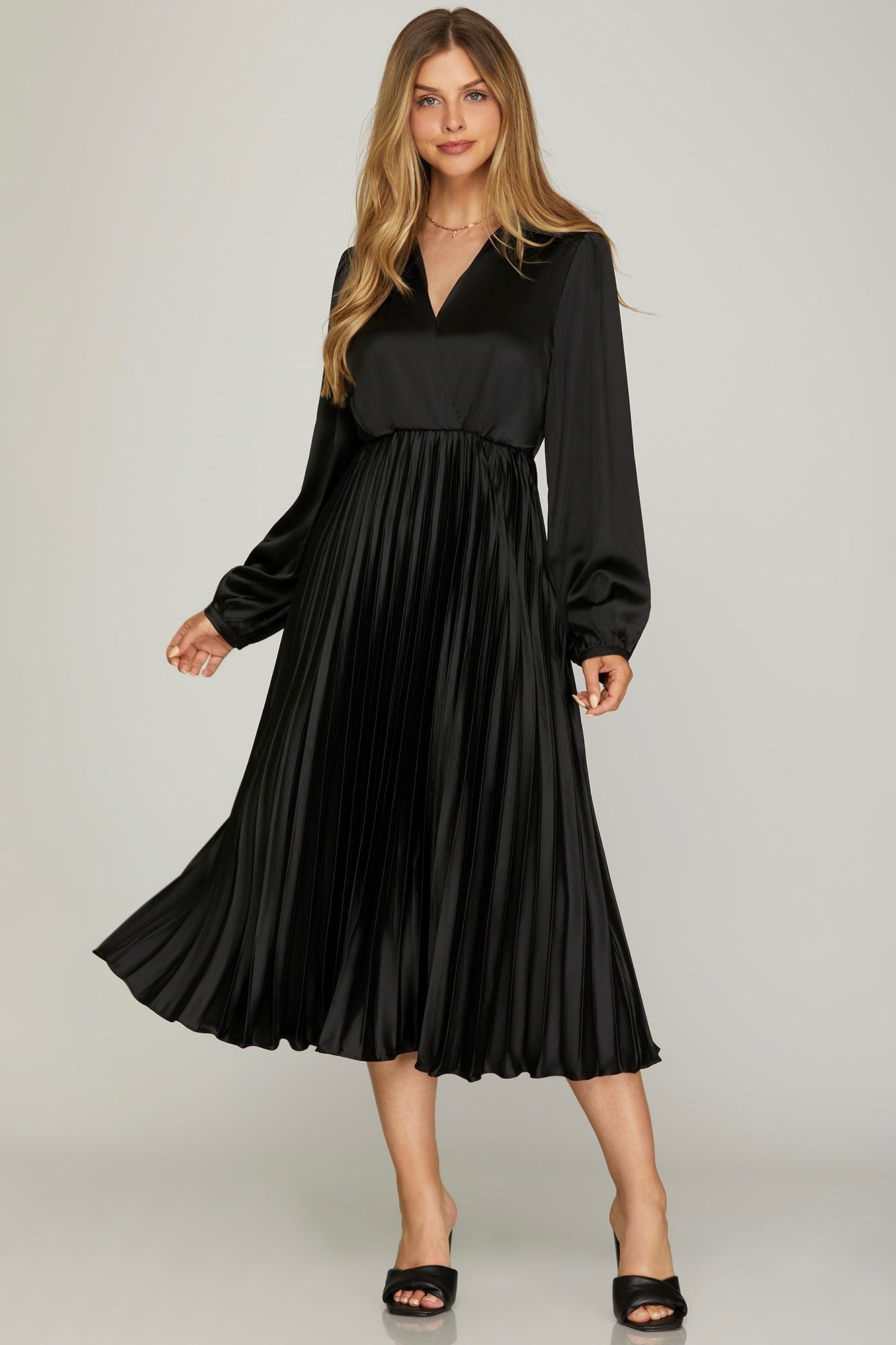 SURPLICE LONG SLEEVE WOVEN SATIN PLEATED MIDI DRESS