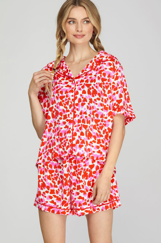 HEART PRINT PAJAMA SHORTS SET-OFF WHITE/PINK