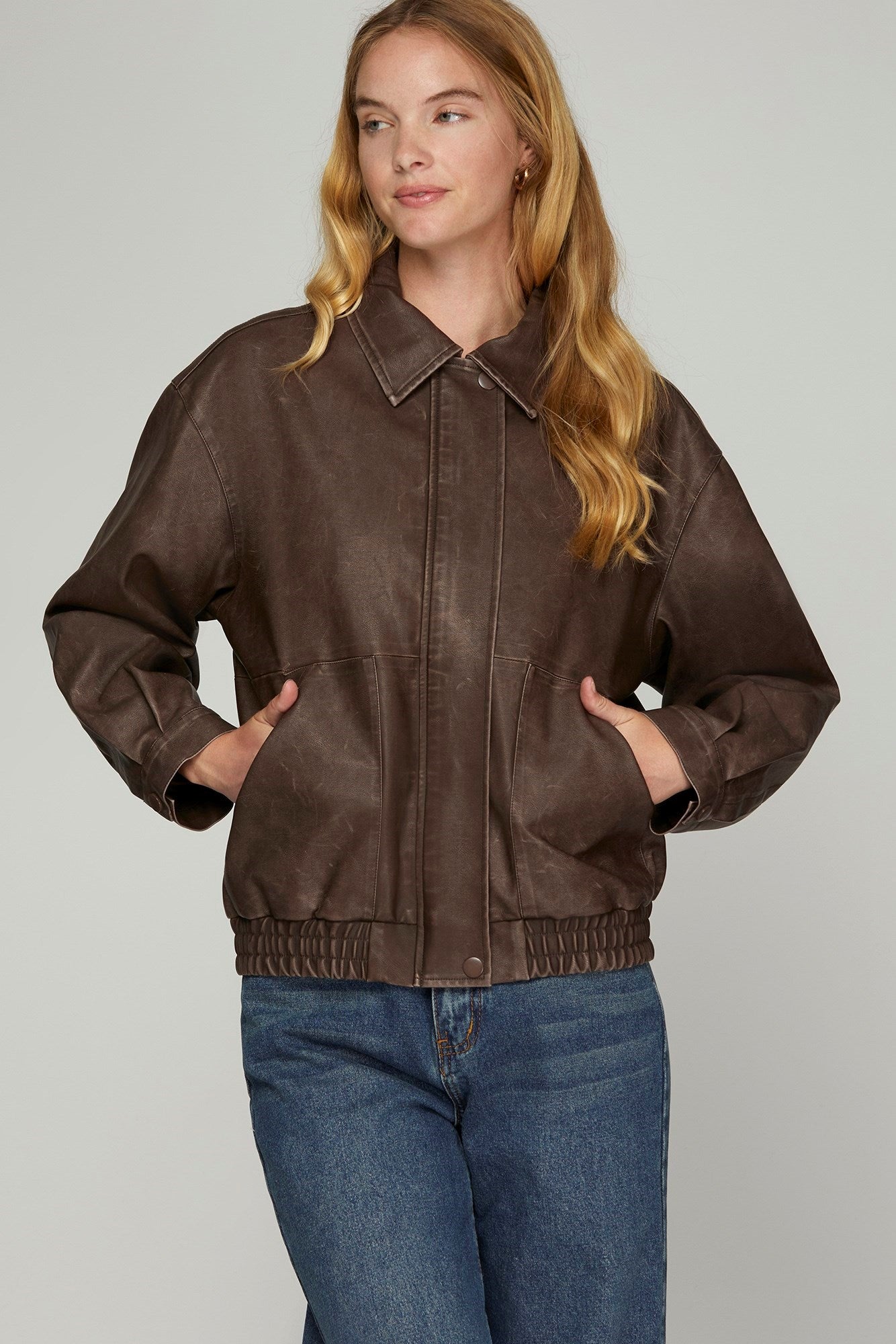 LONG SLEEVE WASHED FAUX LEATHER ZIP JACKET WITH SIDE POCKET