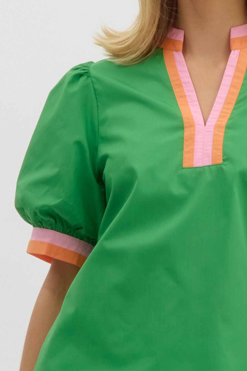BRIGHT GREEN PUFF SLEEVE TOP WITH CONTRAST TRIM