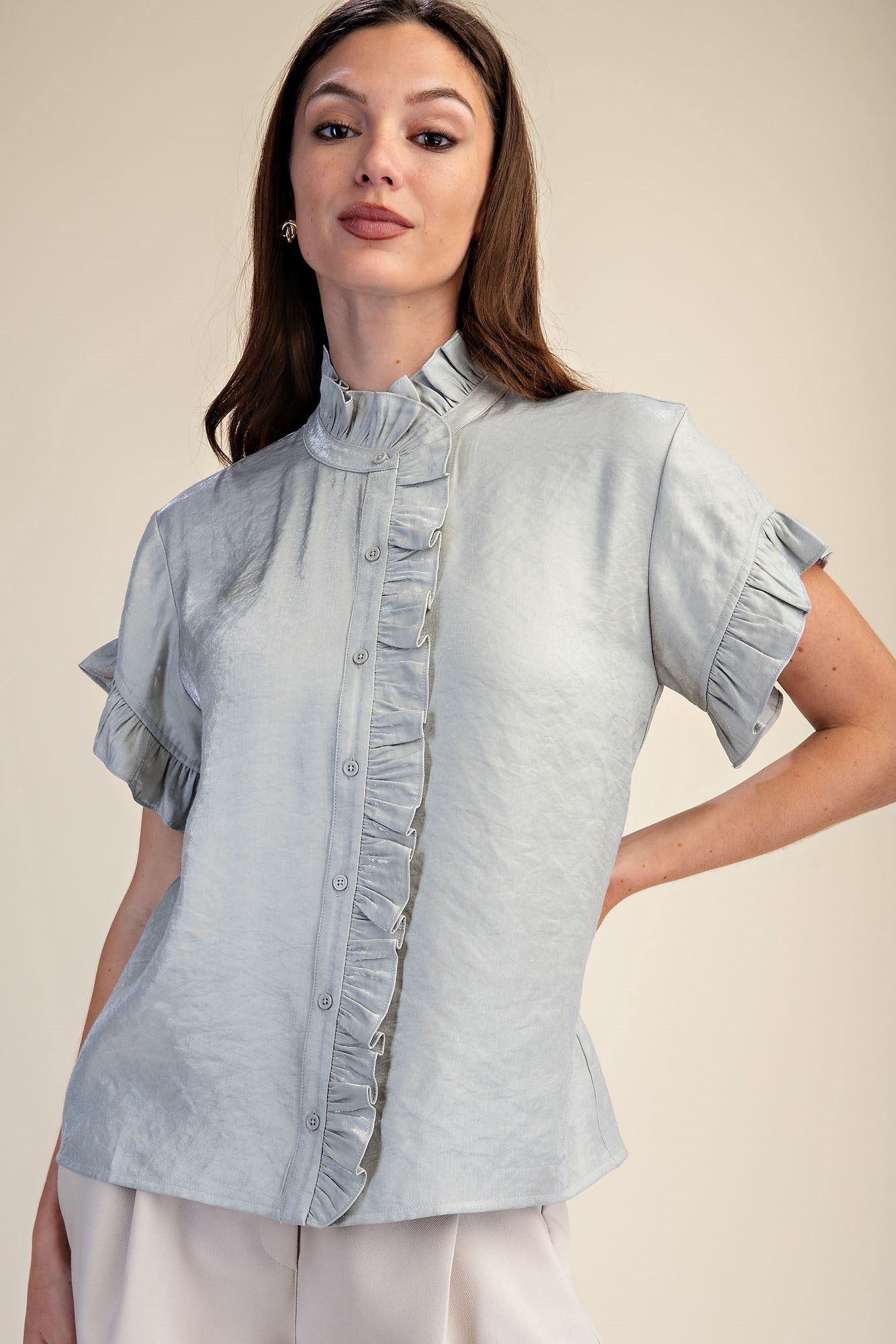 DAPHNE RUFFLE-TRIM BUTTON-DOWN BLOUSE- MINT