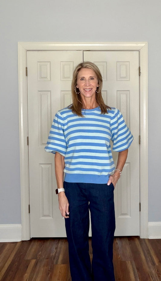 ADELINE SKY BLUE STRIPED PUFF - SLEEVE SWEATER - Gopher Lane Boutique & Gifts