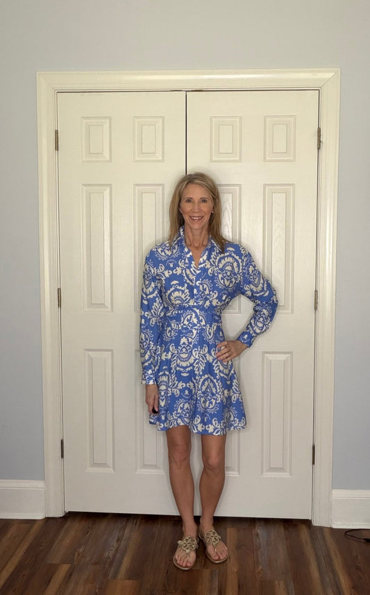AMALFI AZURE DAMASK SHIRT DRESS - Gopher Lane Boutique & Gifts