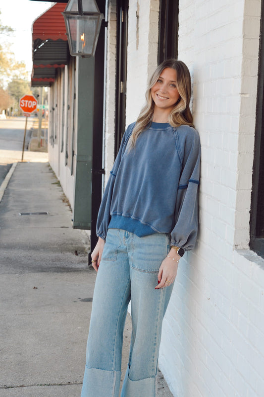 BALLOON SLEEVE ROUND NECK WASHED PULLOVER SWEATSHIRT - Gopher Lane Boutique & Gifts