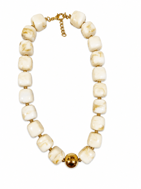 BEIGE CUBE BEAD NECKLACE WITH GOLD BALL - Gopher Lane Boutique & Gifts