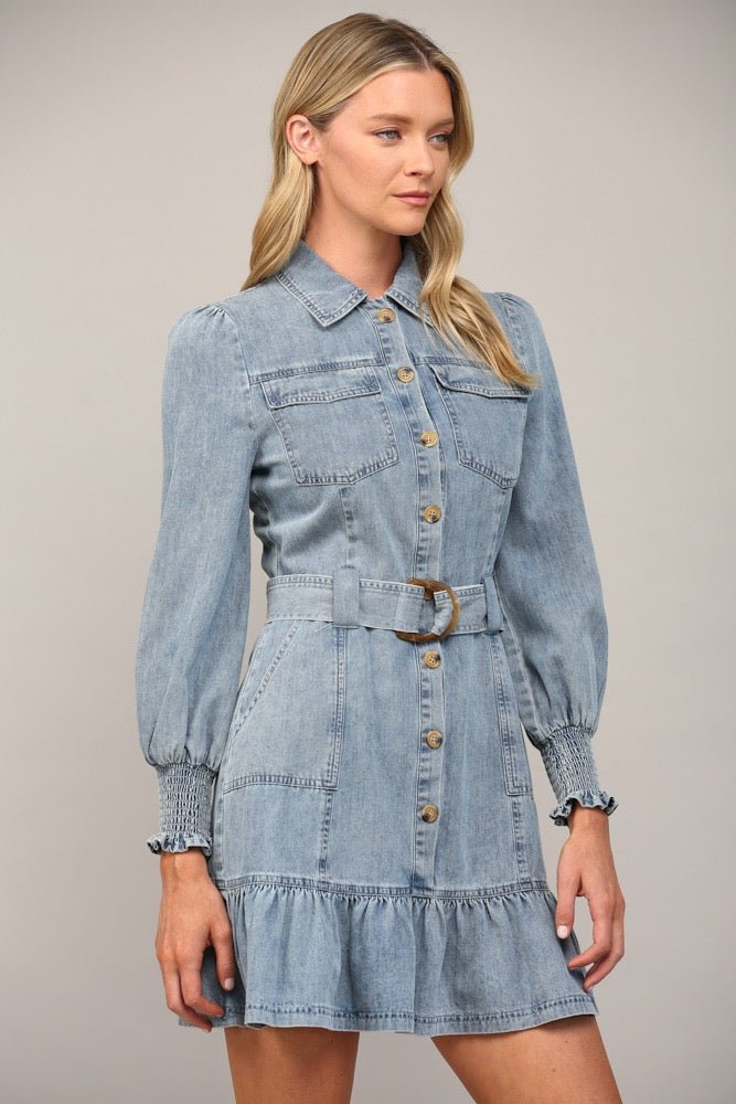 BELTED LONG SLEEVE WASHED DENIM DRESS - Gopher Lane Boutique & Gifts