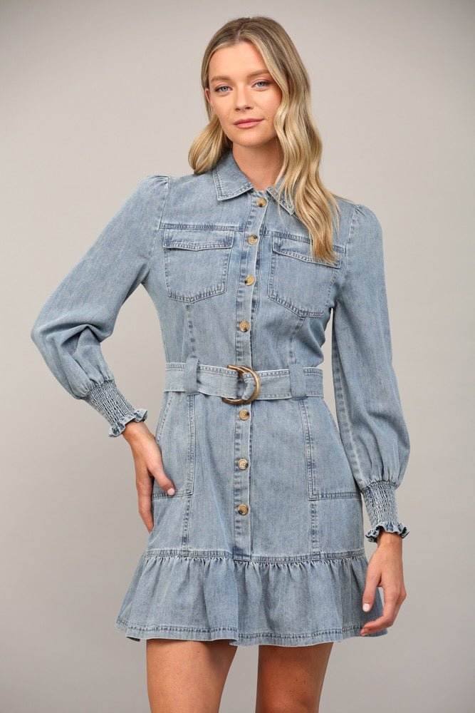 BELTED LONG SLEEVE WASHED DENIM DRESS - Gopher Lane Boutique & Gifts