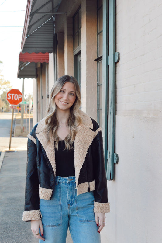 BLACK FAUX LEATHER AND SHERPA JACKET - Gopher Lane Boutique & Gifts