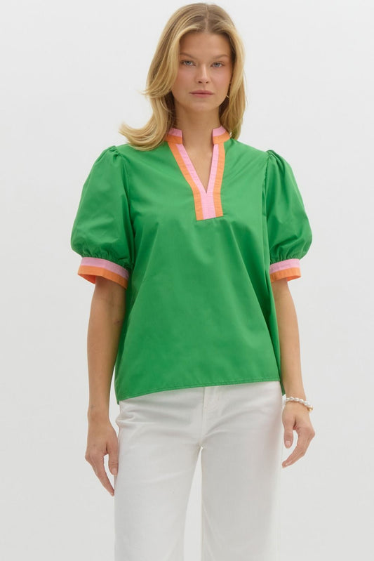 BRIGHT GREEN PUFF SLEEVE TOP WITH CONTRAST TRIM - Gopher Lane Boutique & Gifts