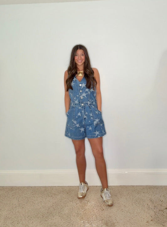 CELESTIAL STAR PRINT DENIM ROMPER - Gopher Lane Boutique & Gifts