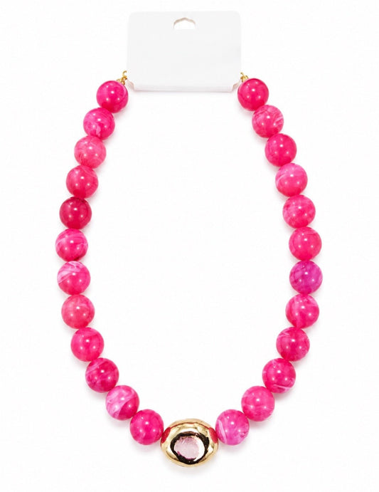 CHUNKY MARBLE AND GOLD BEAD NECKLACE - PINK - Gopher Lane Boutique & Gifts